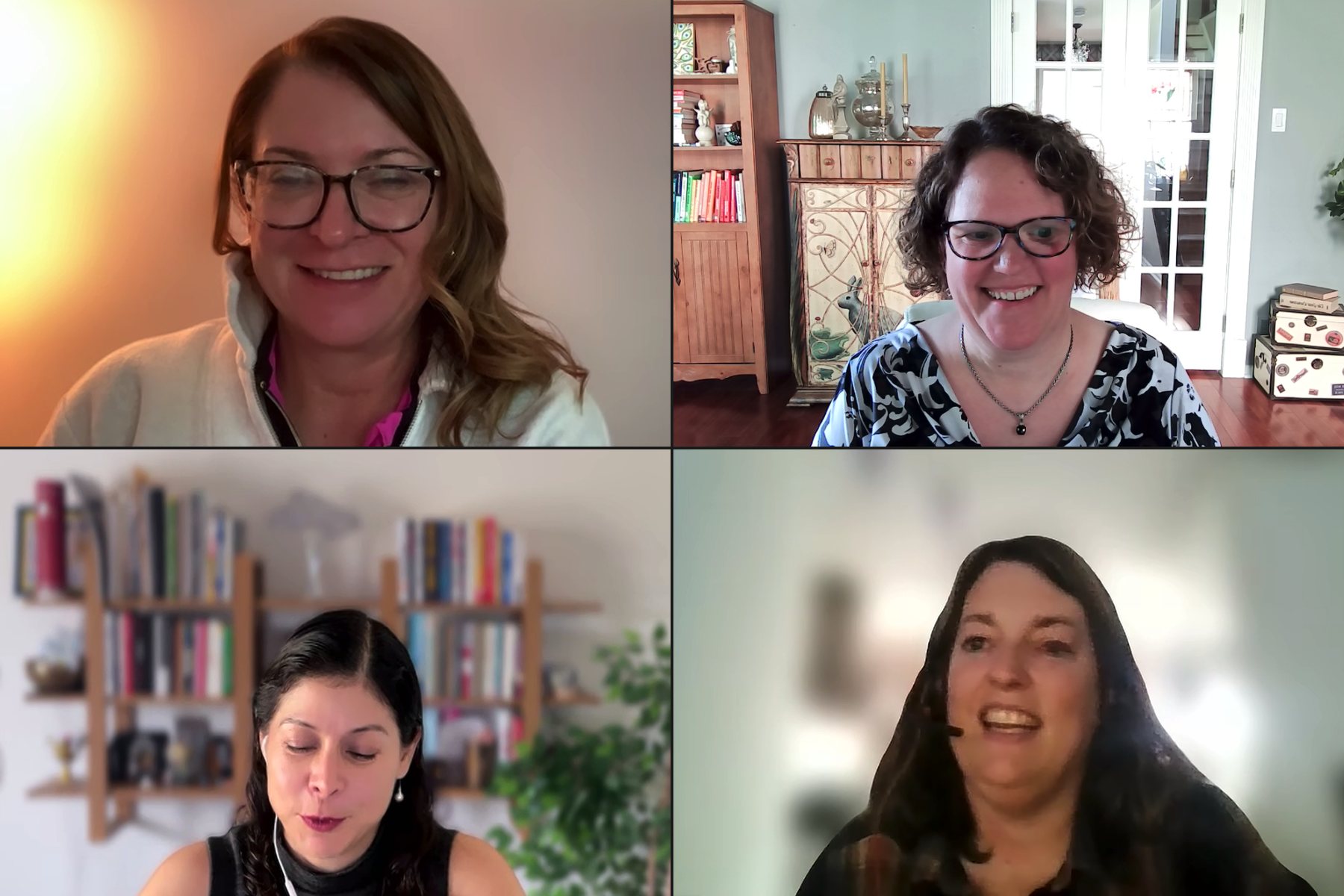 Four women smiling and talking in a virtual Harvest Moon breakout room