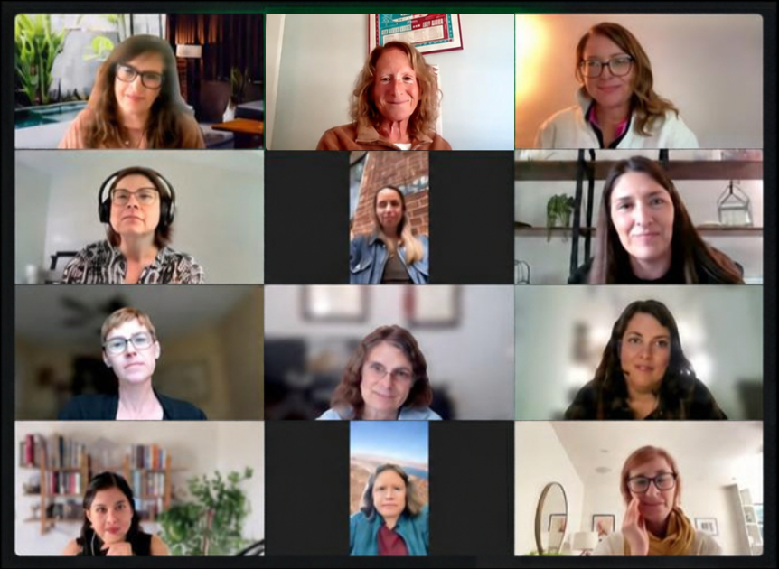 A grid of women on the virtual Harvest Moon gathering, joining over Zoom from their homes and offices